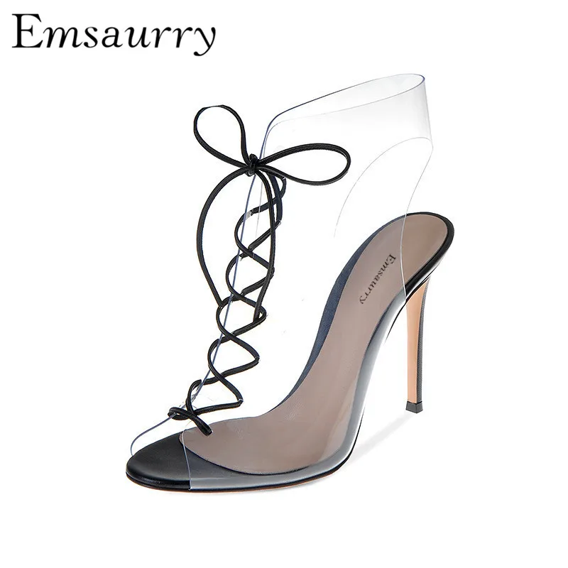 

Sexy Peep Toe Gladiator Sandals Women PVC Transparent Cross Tied Slingbacks Red Black Big Size Summer Shoes