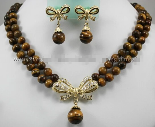 

free shipping>>> Free shipping 2Rows Tiger's Eye Round Beads Pendant Necklace earrings set AAA Crystal Healing hot