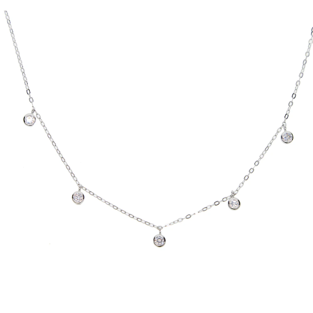 

100% 925 sterling silver 5pcs tiny 3mm cz drop dots charm delicate thin silver chain statement cz station necklace
