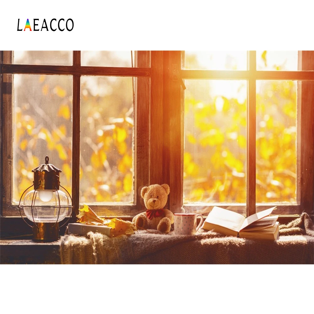 Laeacco осень плюшевый медведь подоконник светильник стол боке утренний ребенок интерьер фотография заднего фона фотосессия Фотостудия