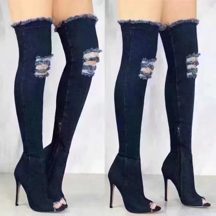 

Lady Peep Toe Over The Knee Zip Denim Motorcycle Boots Shoes Party Plus Size 36-41 Women Sexy Spring Jean High Heels Boots Shoes