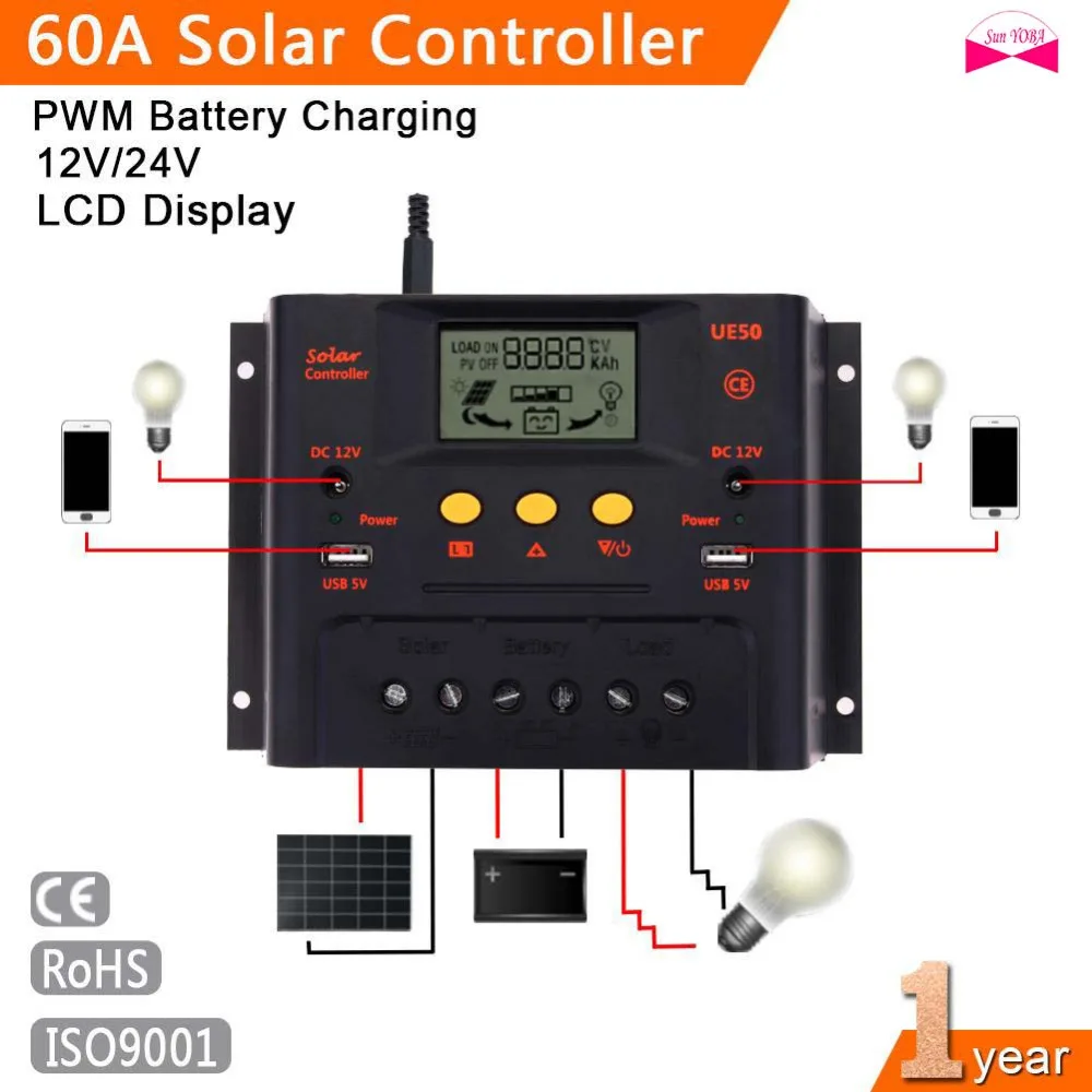 

Intelligent PWM 60A Solar Controller 12V 24V LCD Display USB 5V DC 12V Solar Panel Battery Charge Regulator Safe Protection PJW