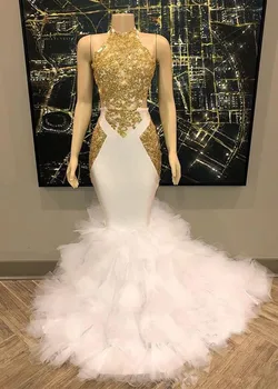

Gorgeous Halter Gold and White Prom Dresses Ruffles Tulle Real Pictures Mermaid Formal Party Dresses Evening Gowns