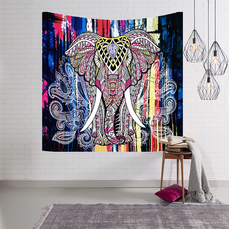 

Indian Elephant Tapestry Polyester Colored Printed Decorative Mandala Tapestry Boho Wall Carpet Living Room Blanket 2 Sizes