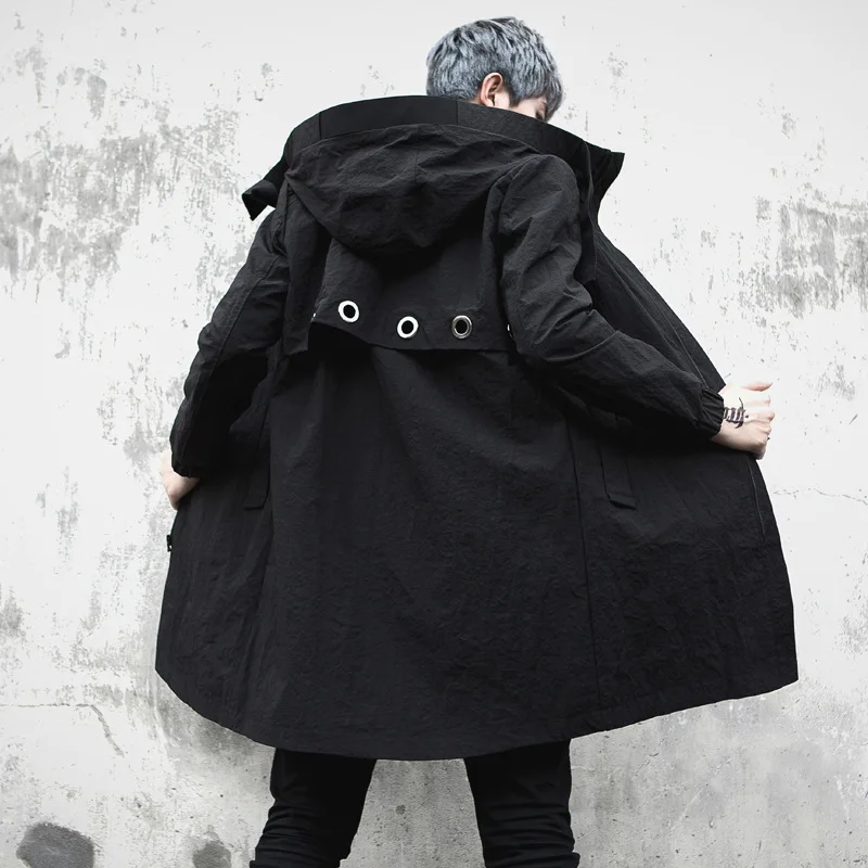 Тренчкот с мужским, Модный повседневный тренчкот с высоким бедром для мужчин, плащ, весна осень, длинное пальто для M-XL - Цвет: Black