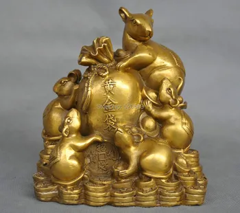 

5" China Zodiac Five Rat Mouse Money Coin Bag Bronze Statue