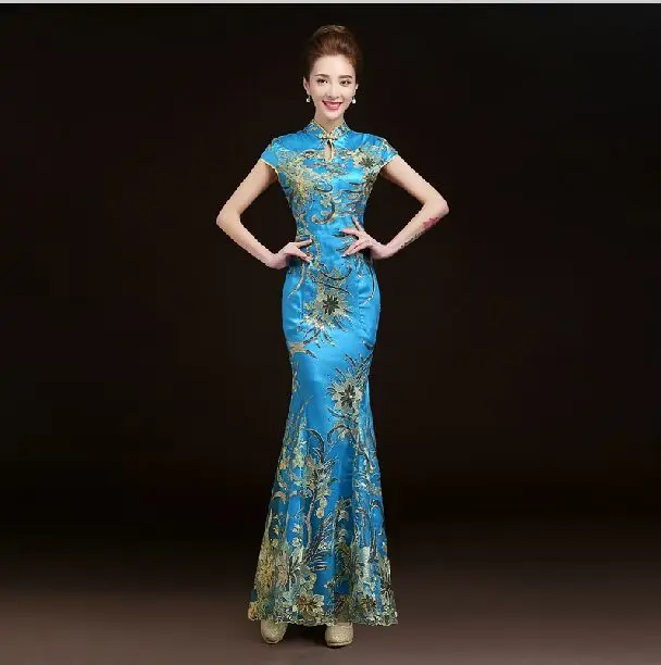 Красное платье Чонсам длинное Русалочка qipao платья Феникс кружева традиционные