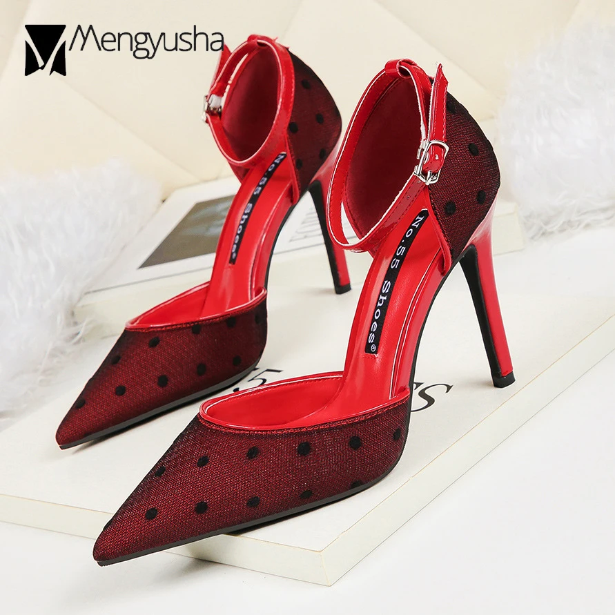 

10cm extra high heels summer shoes pointed toe woman polka dot lace sandals women ankle strap cover heel sandalias mujer c993