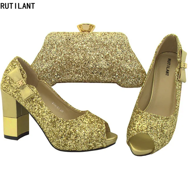 

New Arrival Talian Matching Shoe and Bag Set for Wedding Woman Italian Shoes and Bags Set In New 2018 Decorated with Rhinestone