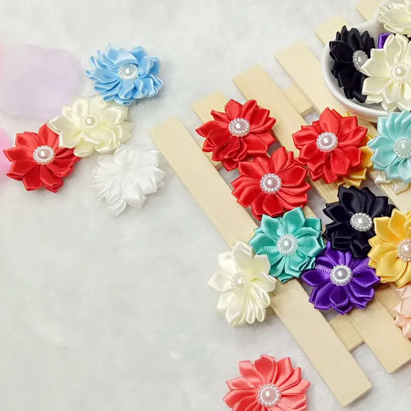 

30pcs 35mm mix color with pearl handmade flowers ribbon flowers decoration accessories sewing appliques A131