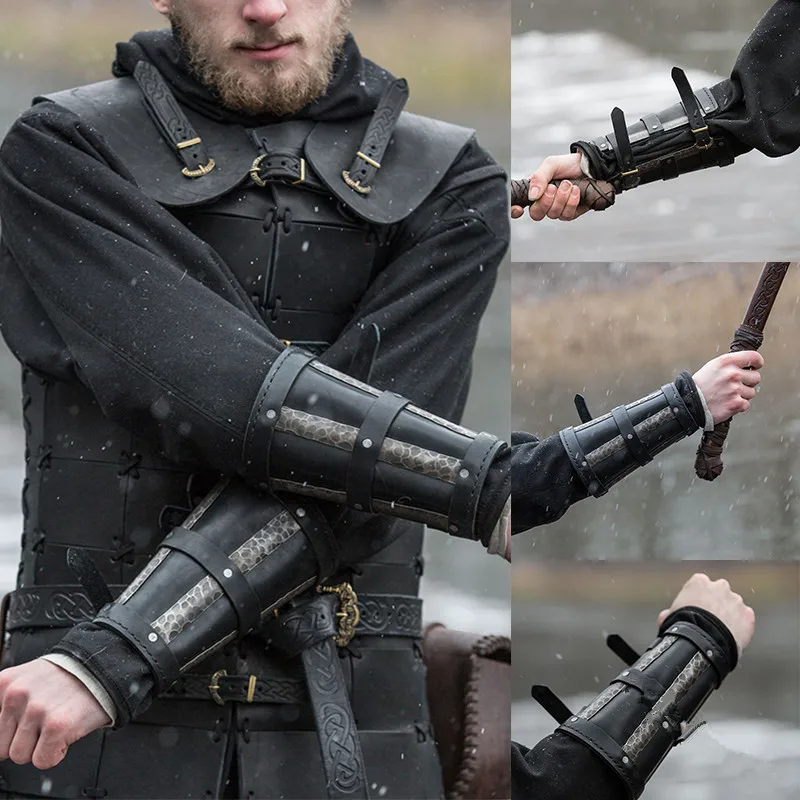 Для взрослых в средневековом стиле боевой воин в доспехах Ларп рыцарь Защита руки наручный ремешок пряжка кожаный браслет заклепки рукавица костюм реквизит для мужчин