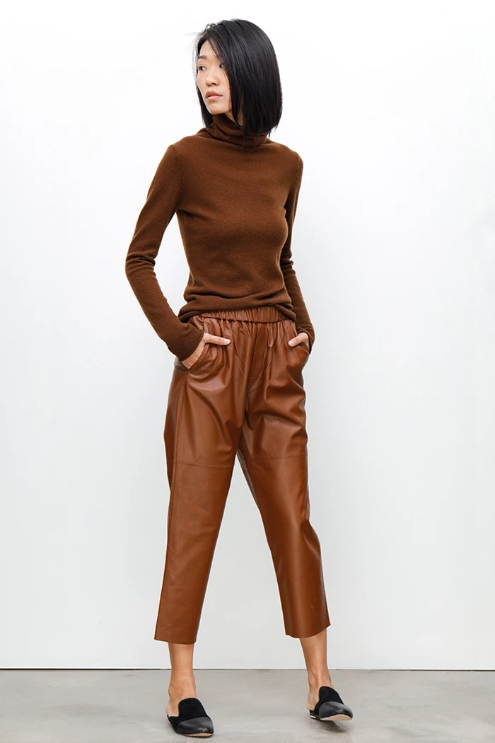 Женские брюки 100% Натуральная овечья кожа 2019 Мода Настоящая Натуральная овечья кожа укороченные джинсы эластичный пояс Талия