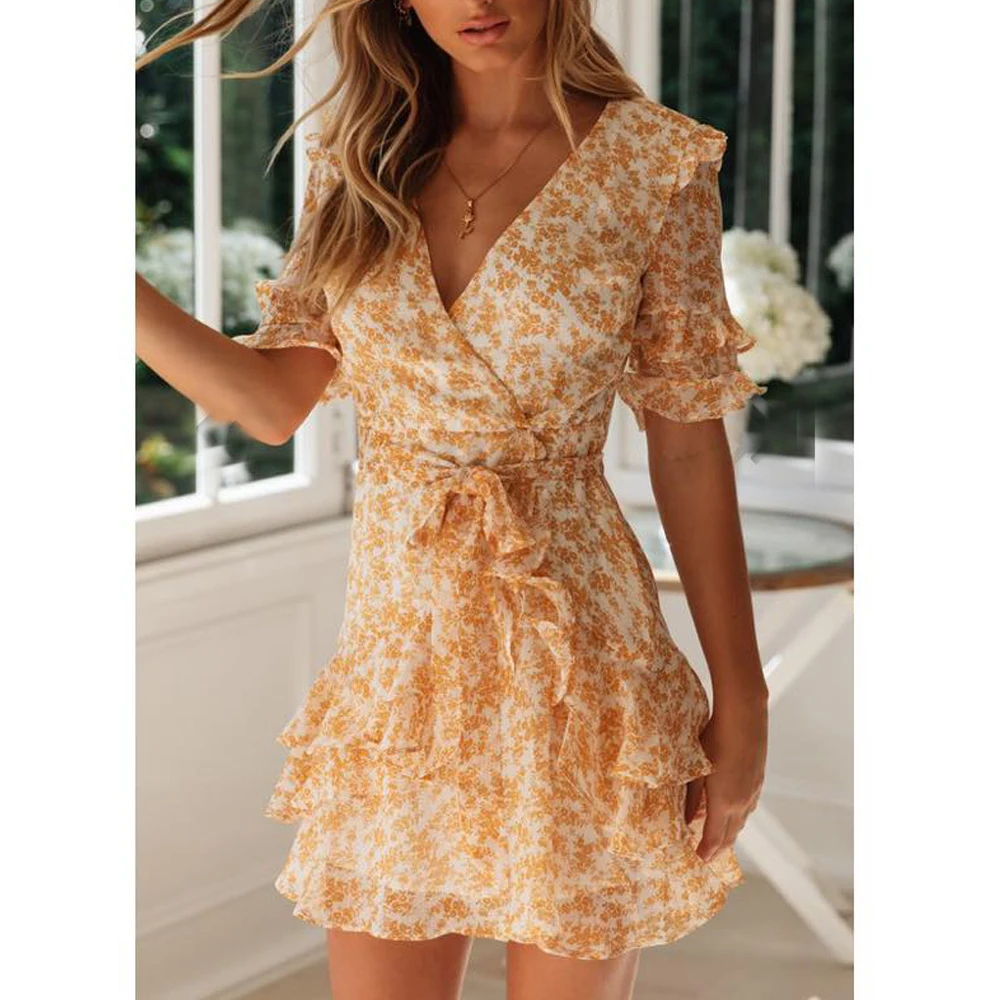 

Tosheiny 2019 Women Summer Sexy V Neck Half Sleeve Print Dresses Female Bohemian Backless Elegant Ruffles Mini Dresses TH0125-1