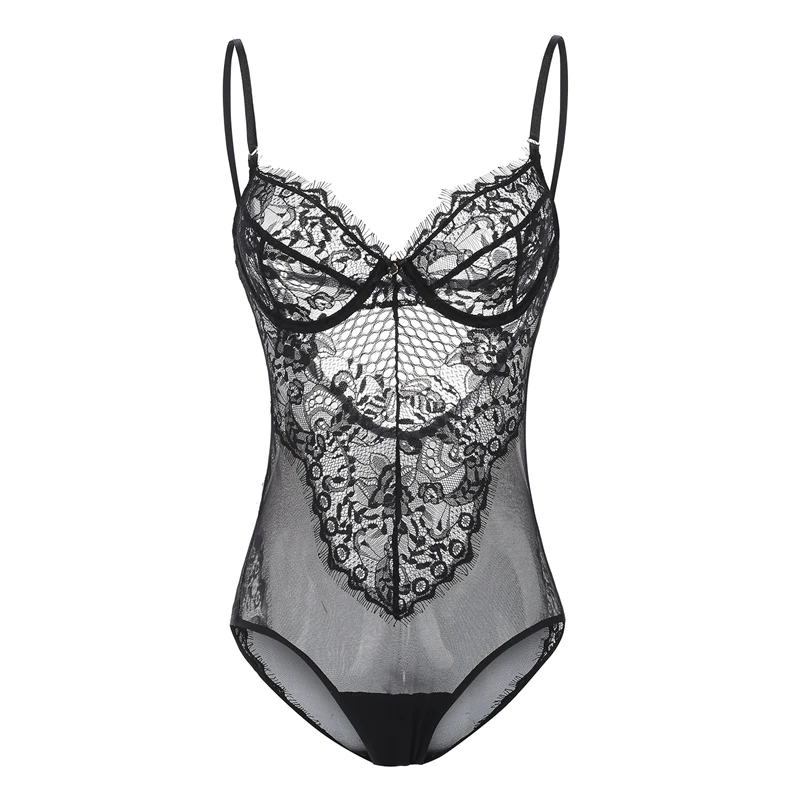 

Sexy Backless Lace Transparent Teddies With Underwire Push Up Bodysuits Mesh Lingerie Underwear Exotic Clothes Women White Black