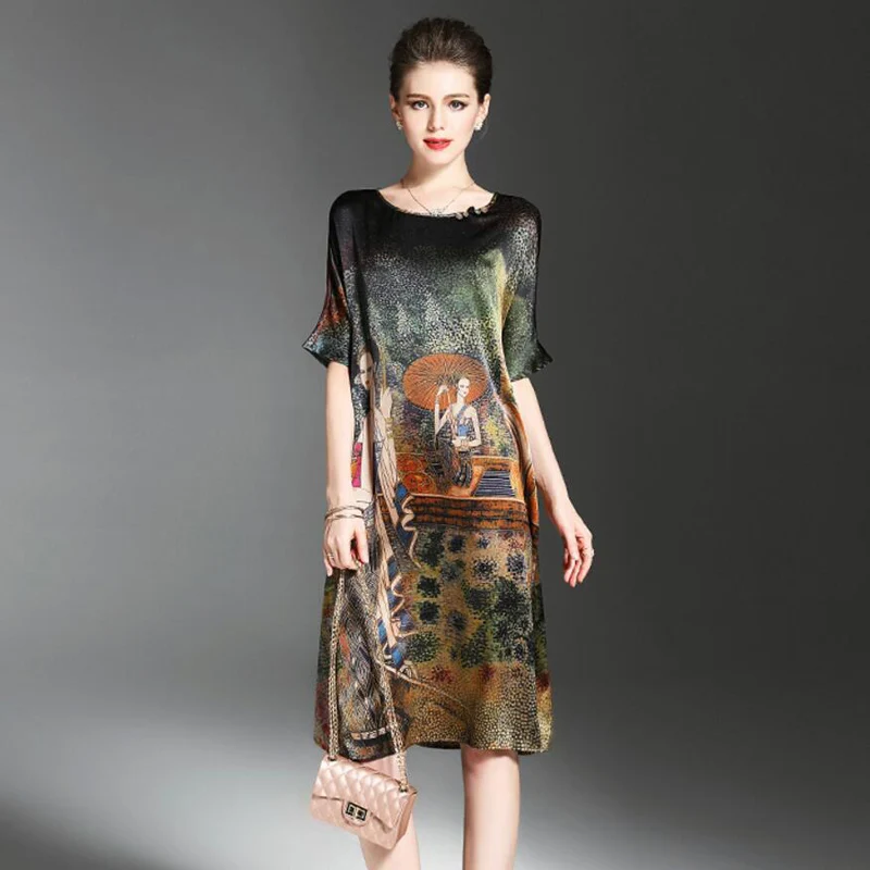 Vintage Ethnic Painting Design Dress Women Summer Half Sleeve Soft Silk Dresses Elegant Woman Brand Vestidos O-Neck Plus Size