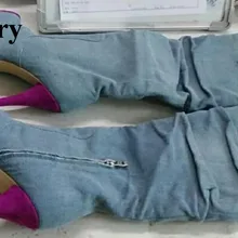 Женские пикантные новые модные джинсовые сапоги на высокой платформе с открытым носком; сапоги до колена на шпильке; сапоги на очень высоком каблуке