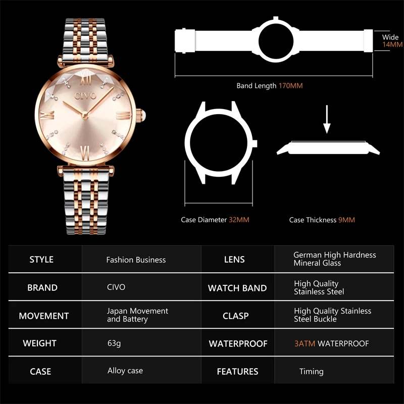 Civo Luxury Crystal Watch Women Waterproof Rose Gold Steel Strap Ladies Wrist Watches Top Brand Bra-6