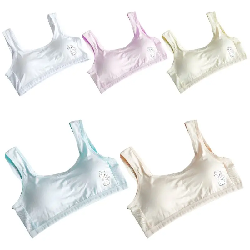 

Puberty Girls Wide Straps Candy Color Sport Training Bra Underwear Breathable Mesh Back Bralette Cute Cartoon Cat Print Crop Top