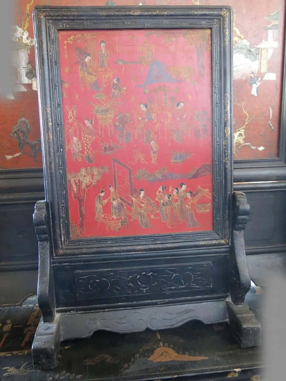 

China old handwork lacquerware picture wood fine small screen Sculpture Statue