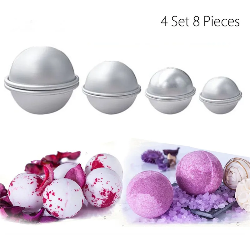 

8Pcs 4Set Aluminum Alloy 4.4/5.5/6.5/8CM 3D Bath Bombs Mold Bath Salt Bomb Mold Ball Sphere Shape DIY Bathing Tool Accessories