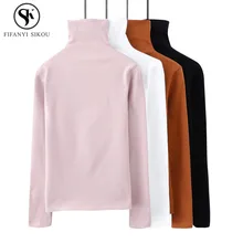 Осень Зима Новая футболка с длинным рукавом для женщин из чистого хлопка водолазка Топы Повседневная плотная теплая Женская Однотонная футболка GP838