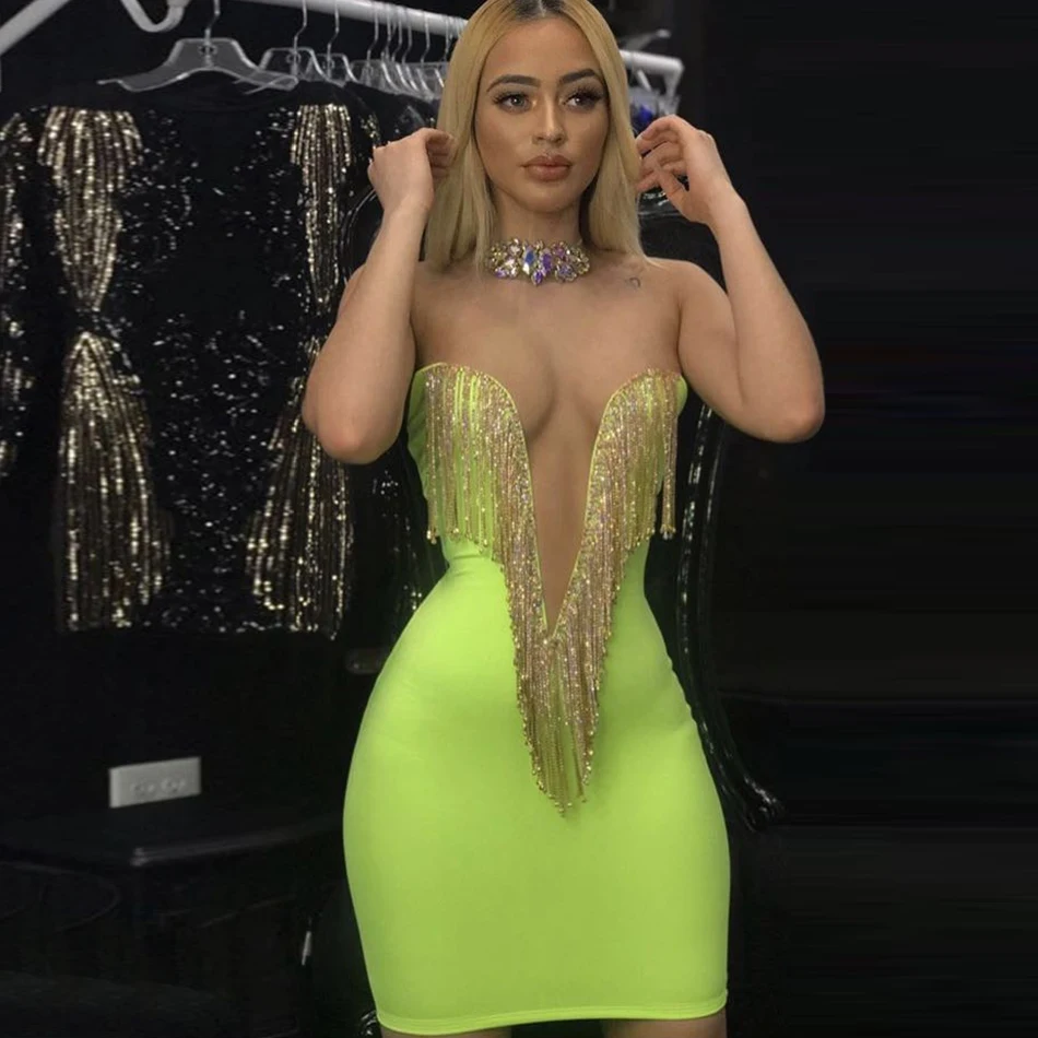 Summer New Women Fashion Sexy Bandage Dress Fluorescent Green Spaghetti Mini Dress Celebrity evening Party Vestidos