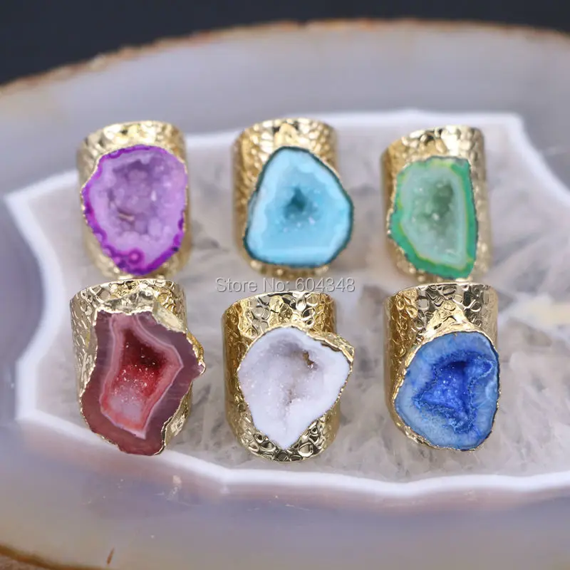 

5pcs Mixed Colors Geode Ring Golden Electroformed Freeform Drusy Gem stone Jewelry Rings