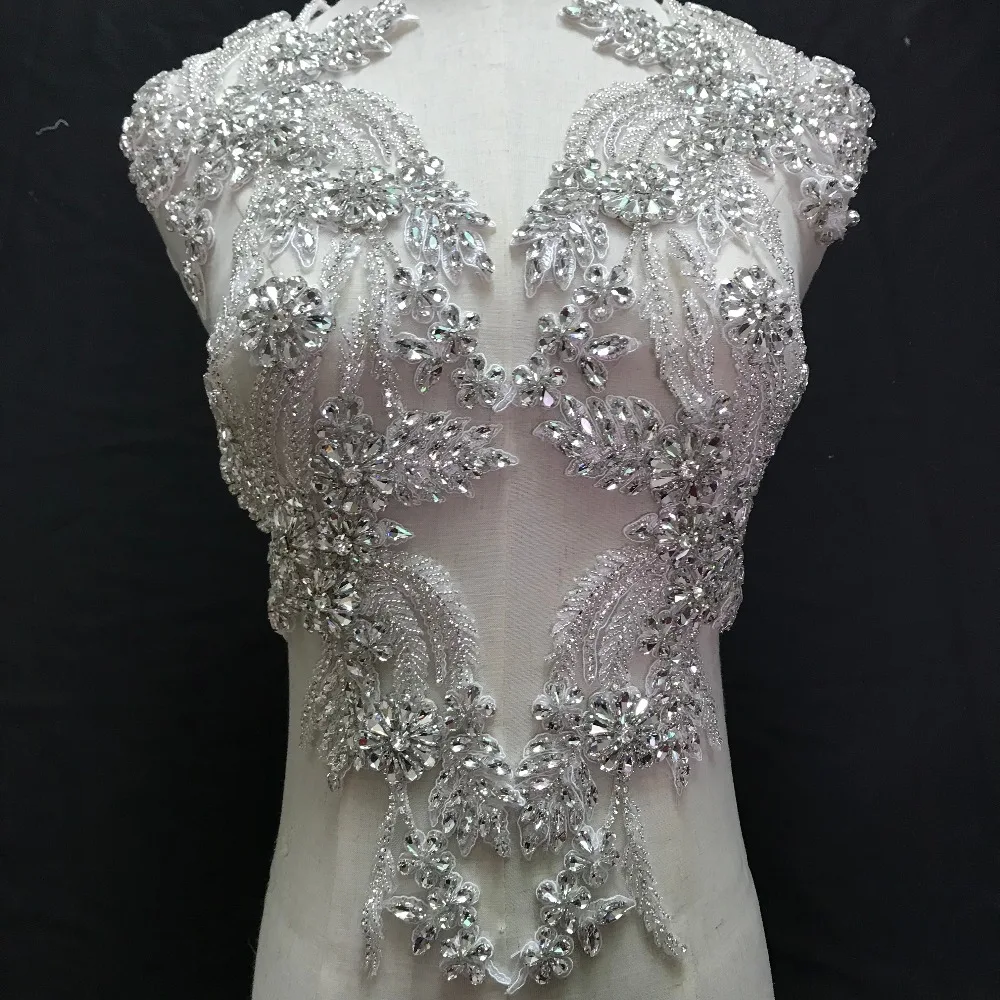 

wuku DIY wedding dress crystal lace applique patch in pair LA-184