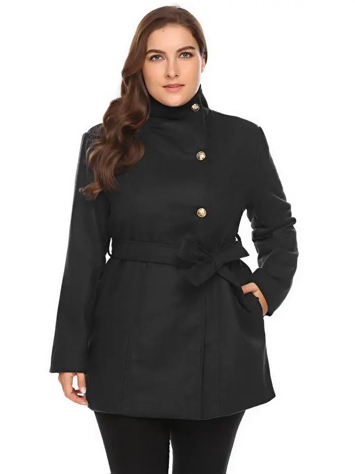 Женское пальто, большие размеры, L-5XL, шерстяное, повседневное, теплое, зимнее, с отворотом, с длинным рукавом, с поясом, тонкое, одноцветное, большое, пальто, Тренч, пальто, больше размера