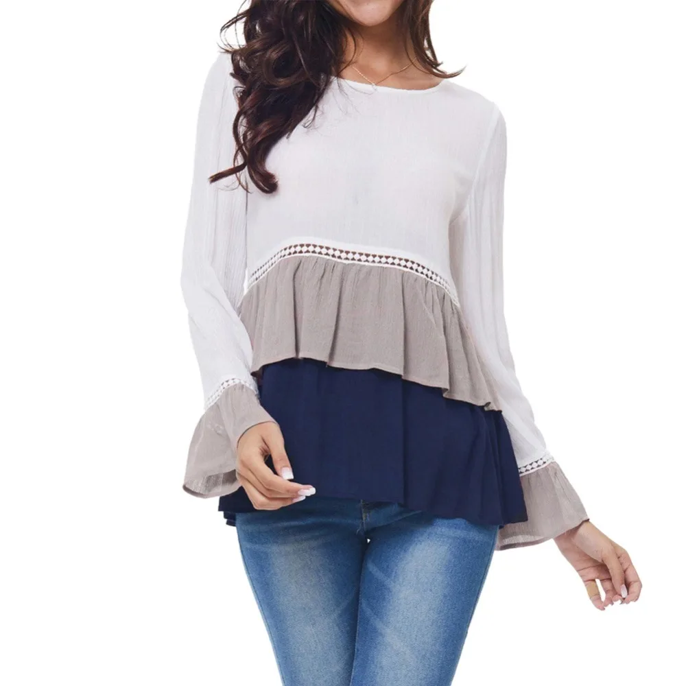 

2019 New Fashion Women Casual Work Blouses Long Bell Sleeve O Neck Flounce Tiered Chiffon Splice Shirt Lace Hollow Out Big Size