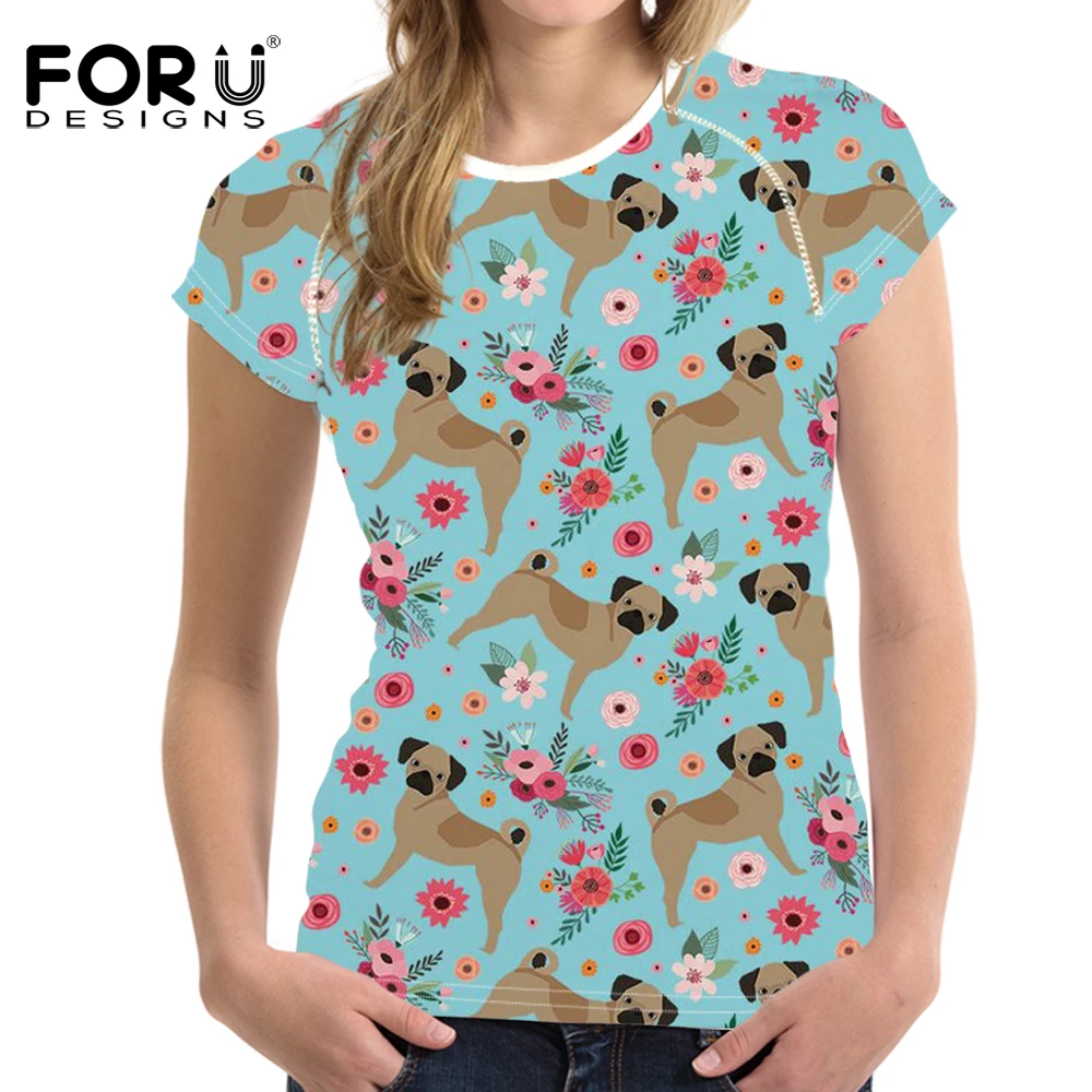 

FORUDESIGNS Funny T Shirt Women Puggle Flower Printing T-shirt Female O-neck Cartoon Tee Shirt for Teen Girls Cute Tees Tops