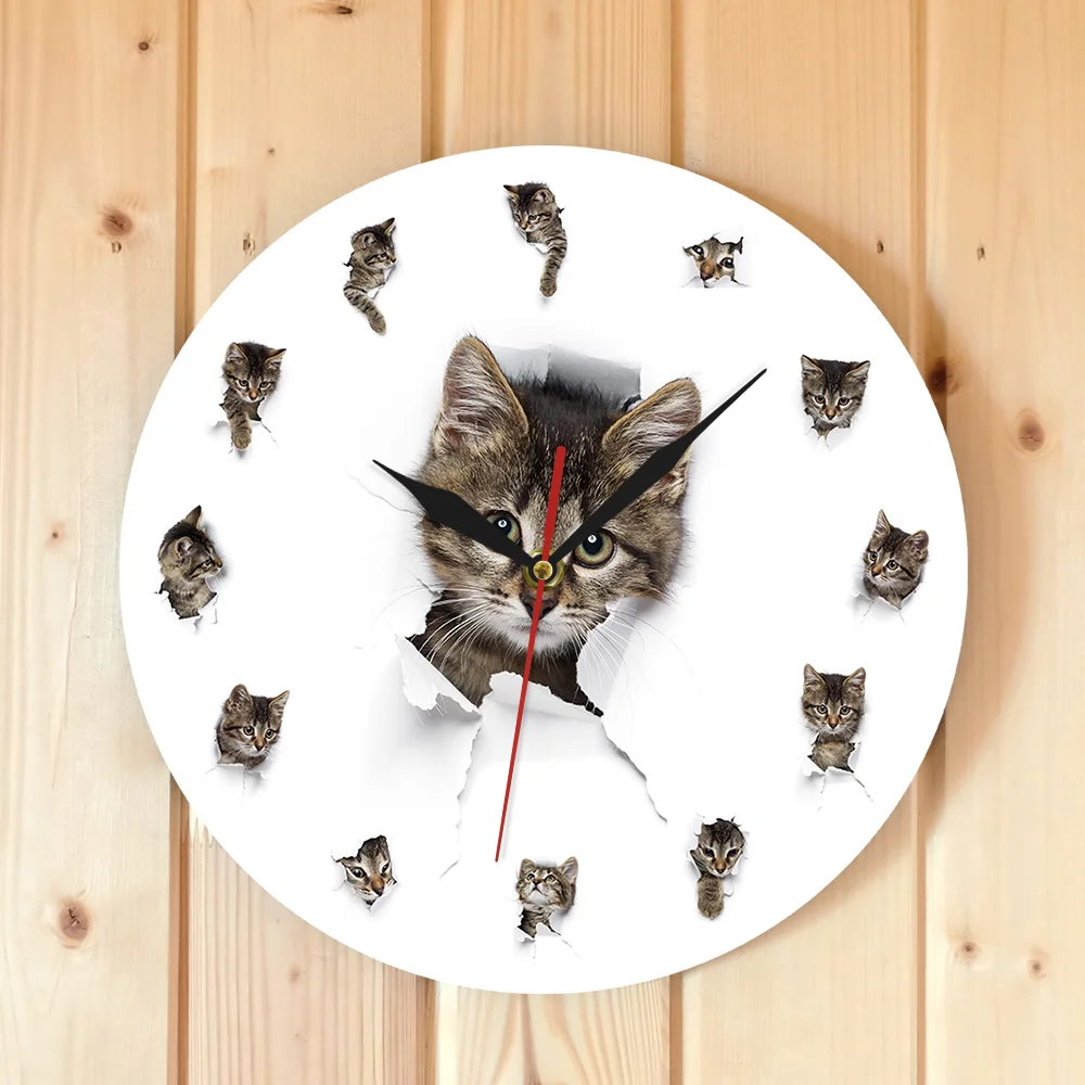 Котята в дыре из бумаги милые детские комнаты детские настенные часы Kitty играющие современные настенные часы кошка настенный Декор Печатные настенные часы