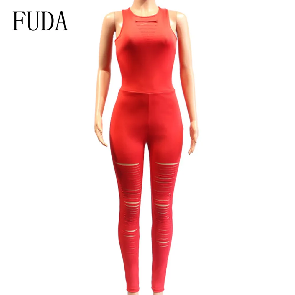 FUDA Red Burnt Flower Openwork Backless Sleeveless Summer Jumpsuits Women Bodycon Bandage Hole Playsuits Combinaison Short Femme FUDA Red Burnt Flower Openwork Backless Sleeveless Summer Jumpsuits Women Bodycon Bandage Hole Playsuits Combinaison Short Femme