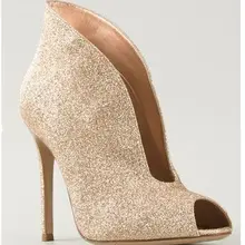 Новые гламурные золотистые туфли-слипоны с пайетками с вырезным или закрытым носком Свадебные туфли-лодочки с глубоким вырезом на высоком каблуке Каблуки-шпильки