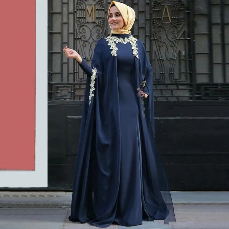 Темно-синие мусульманские Вечерние платья А-силуэт с длинным рукавом шифон кружево исламский кафтан Дубай Саудовская Арабская длинное вечернее платье для выпускного вечера - Цвет: same as the photo