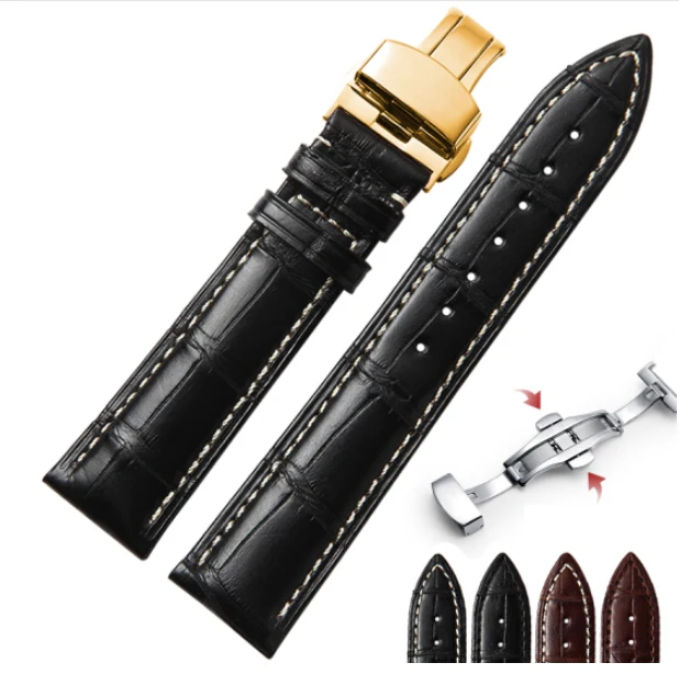 

Crocodile leather watch strap universal leather watch strap male and female watch strap 18 19 20 21 mm black and white line gold