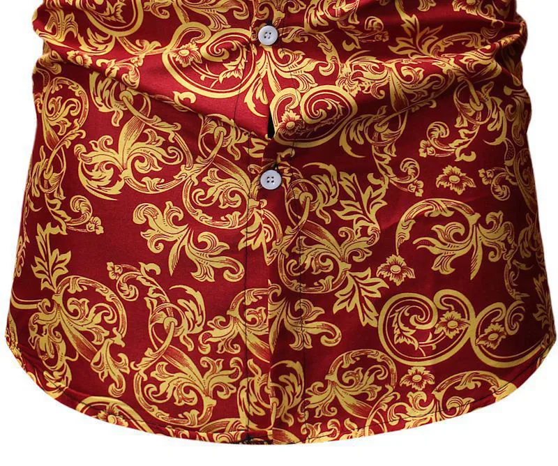 Брендовые рубашки с золотым цветочным принтом, мужские повседневные рубашки с длинным рукавом, Мужская Свадебная красная рубашка, костюм певицы, Camisa Social Masculina XL