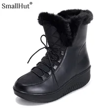 Зимние сапоги на платформе со шнуровкой; модная женская зимняя обувь из искусственной кожи на плоской подошве; Модные женские теплые плюшевые ботильоны с круглым носком; цвет черный, белый; D073