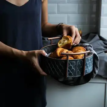 

European handcrafted Vintage Fruit Bread Basket Round Antique metal trays with handles Retro Desk Kitchen Storage for Home Decor