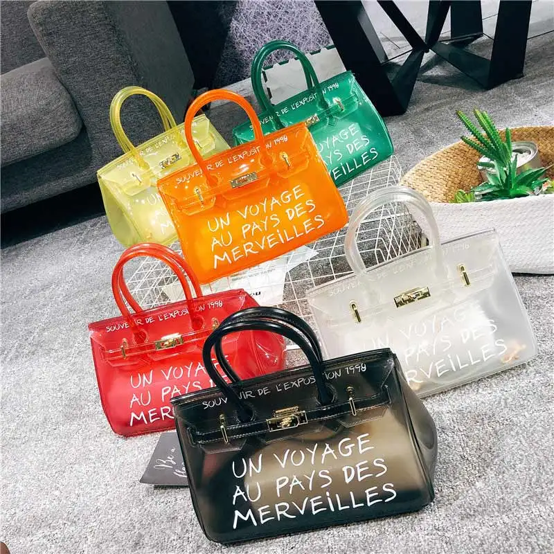 

2019 Women Transparent Bags Candy Color Handbags Women PVC Shoulder Bag Letter Print Totes