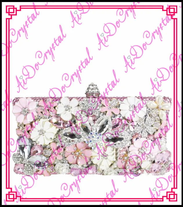 Aidocrystal blink crystals pink big flower pattern fancy ladies clutch handbag for wedding party