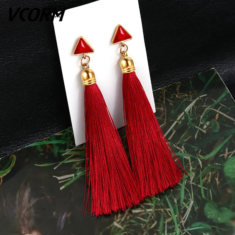Red VCORM, богемные серьги с кисточками и кристаллами, длинные висячие серьги для женщин, красный хлопок, шелк, ткань, бахрома, серьги, Модные женские ювелирные изделия - Окраска металла: Red