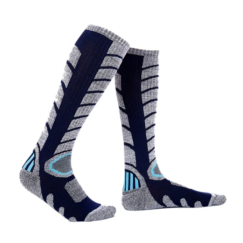 Мужские и женские спортивные носки, лыжные носки, толстые хлопковые носки для сноуборда, велоспорта, катания на лыжах, футбола, впитывающие влагу, высокоэластичные - Цвет: Синий