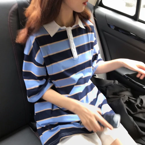 

Simple Blue Striped Turn Down Collar Short Sleeve Female Women Vintage Oversize Female Women 2019 Short Sleeve Polo Shirts