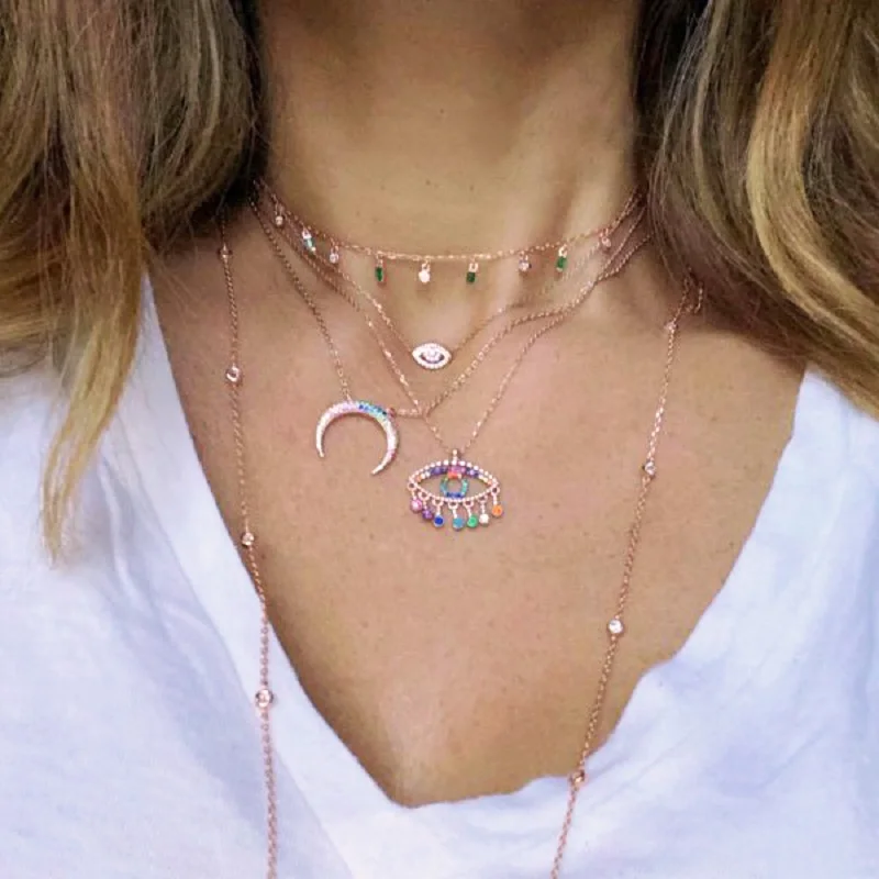 

Fashion lucky evil eye jewelry gold filled multi tassel AAA cubic zirconia cz rainbow cute girl women beautiful classic necklace