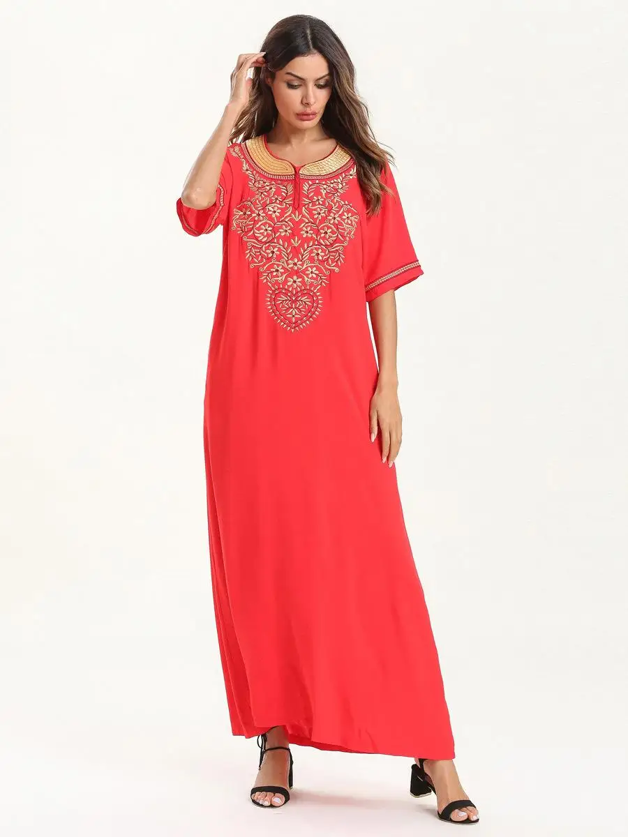 Мусульманское Рамадан Макси платье с вышивкой мусульманская абайя халат кафтан арабский Повседневный этнический стиль Свободное летнее платье с коротким рукавом мода - Цвет: Красный