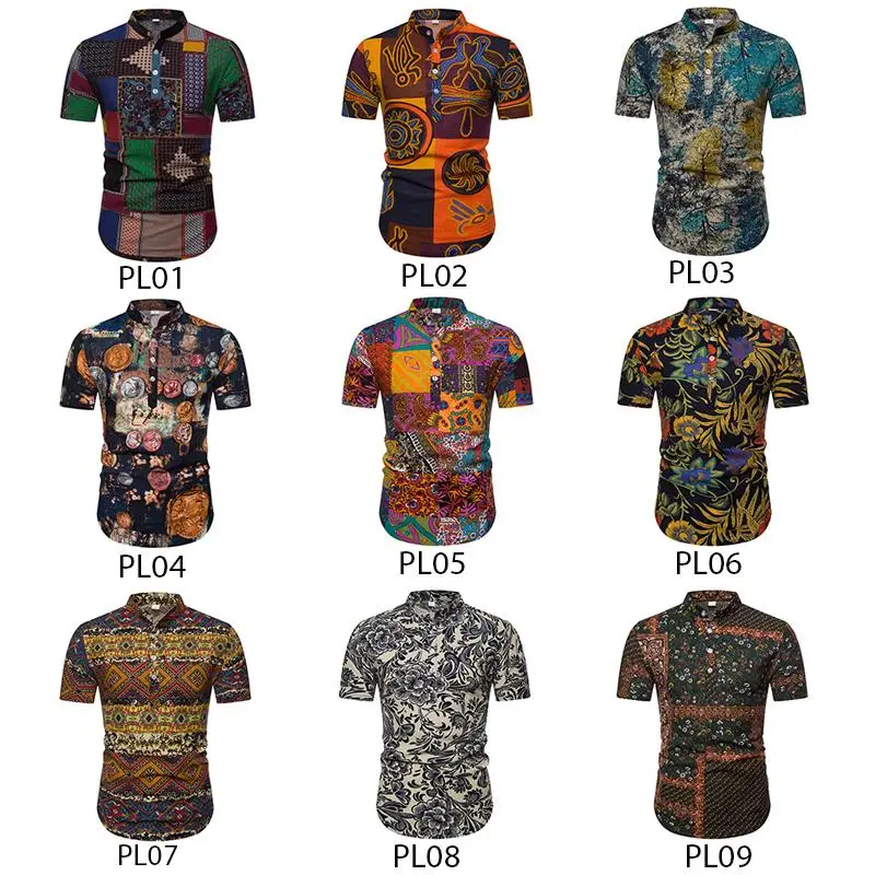 

Floral Men's Shirt Polo collar Short sleeves Linen Social Shirts Men National style Blouse Men New