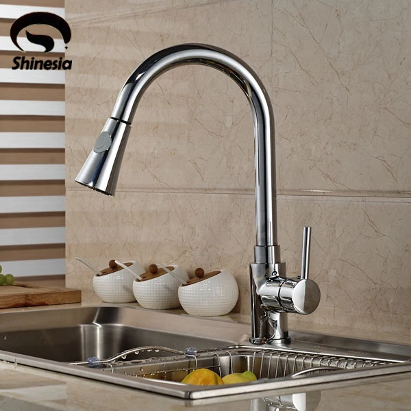 Chrome Brass Kitchen Sink Faucet Deck Mount Pull Out Hot Cold Mixer Water Taps
