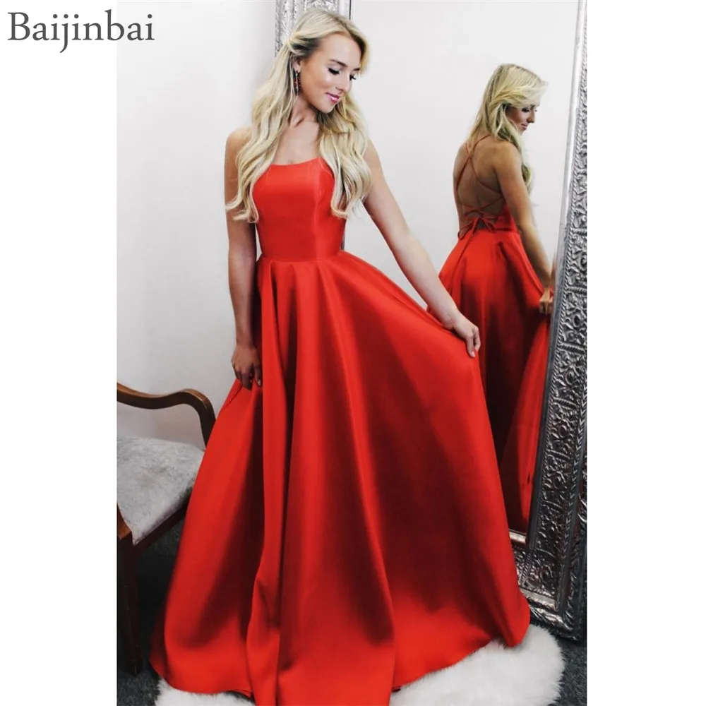 

Baijinbai Backless Long Red Satin Prom Dresses Sleeveless Elegant vestidos de fiesta Party Evening Dress Floor Length Sweet 16