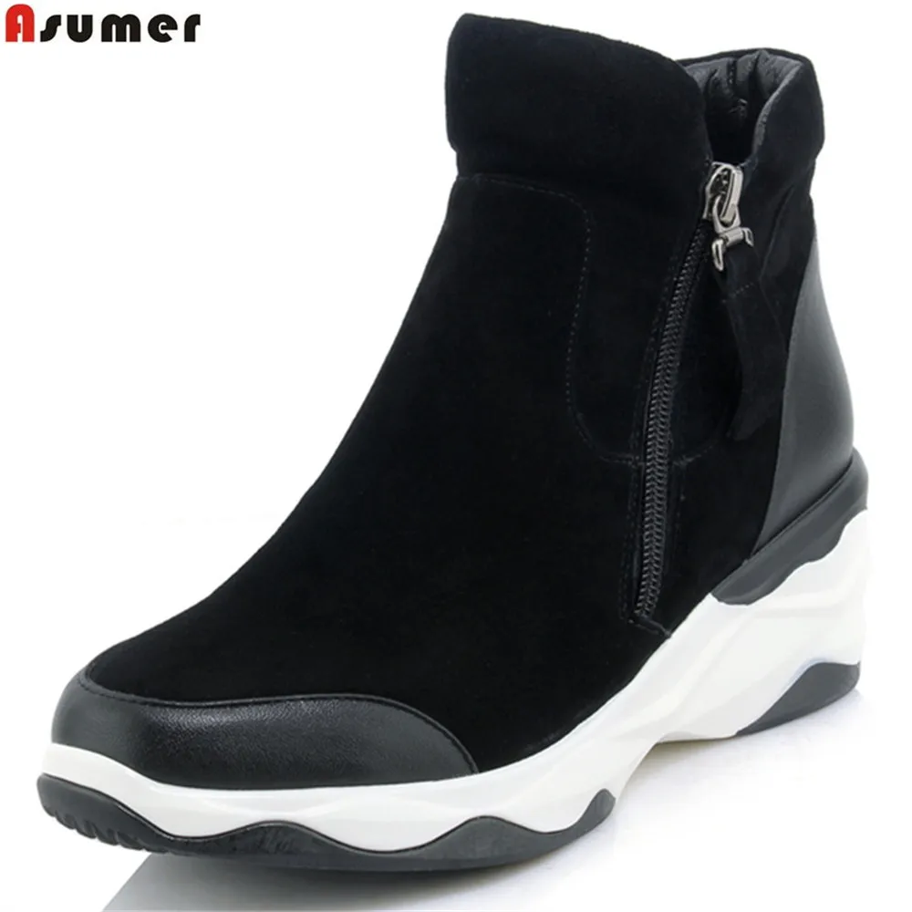 

Asumer black Golden fashion women boots round toe zipper genuine leather+kid suede boots round toe ankle boots wedges